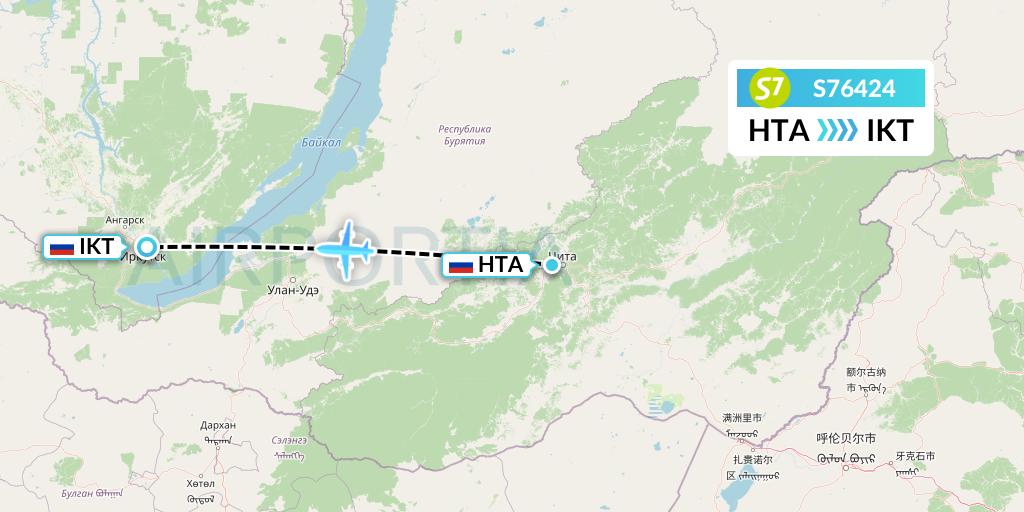 S76424 S7 Airlines Flight Map: Chita to Irkutsk