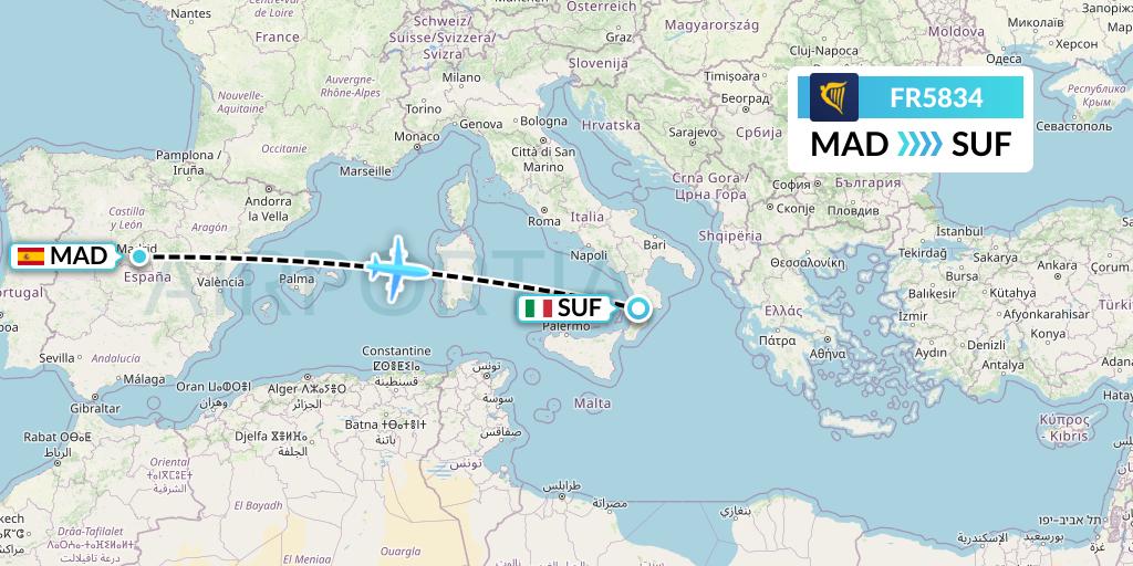 FR5834 Ryanair Flight Map: Madrid to Lamezia Terme