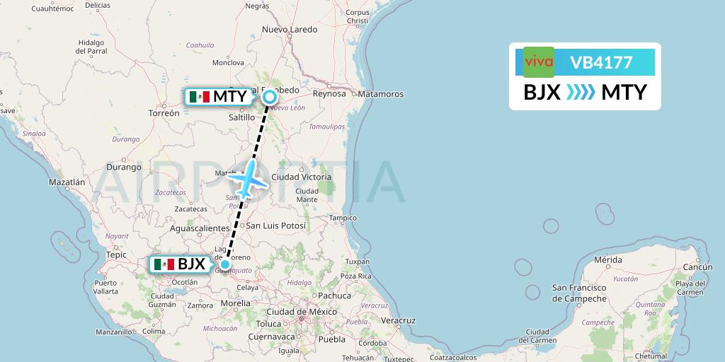 VB4177 VivaAerobus Flight Map: Silao to Monterrey