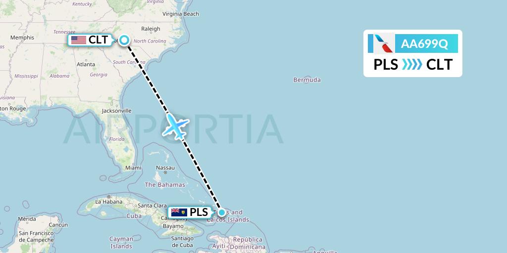 AA699Q American Airlines Flight Map: Providenciales to Charlotte