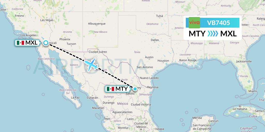 VB7405 VivaAerobus Flight Map: Monterrey to Mexicali