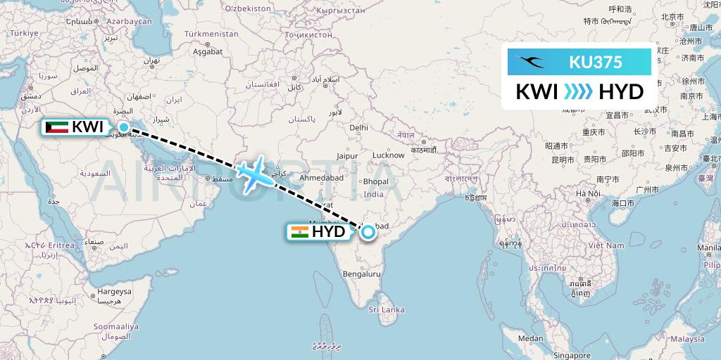 KU375 Kuwait Airways Flight Map: Kuwait City to Hyderabad