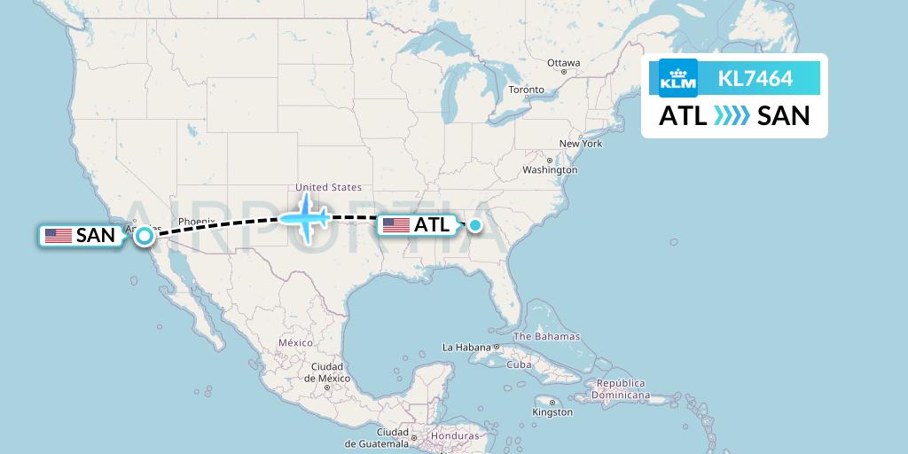 KL7464 KLM Flight Map: Atlanta to San Diego