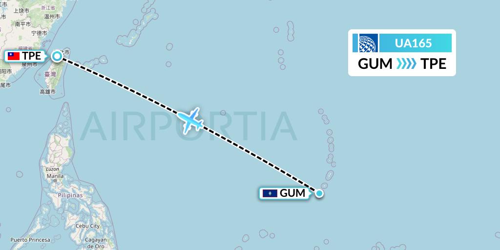 UA165 United Airlines Flight Map: Guam to Taipei