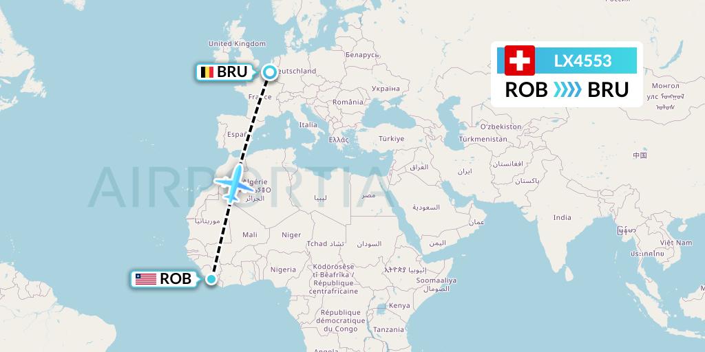 LX4553 Swiss Flight Map: Monrovia to Brussels