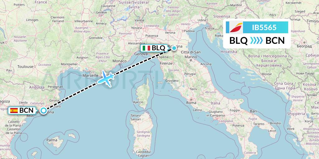 IB5565 Iberia Flight Map: Bologna to Barcelona