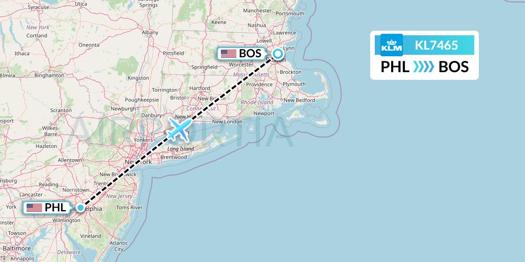 KL7465 KLM Flight Map: Philadelphia to Boston
