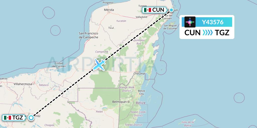Y43576 Volaris Flight Map: Cancun to Tuxtla Gutierrez