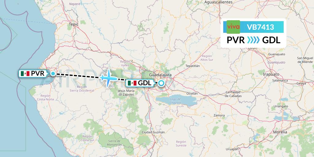 VB7413 VivaAerobus Flight Map: Puerto Vallarta to Guadalajara
