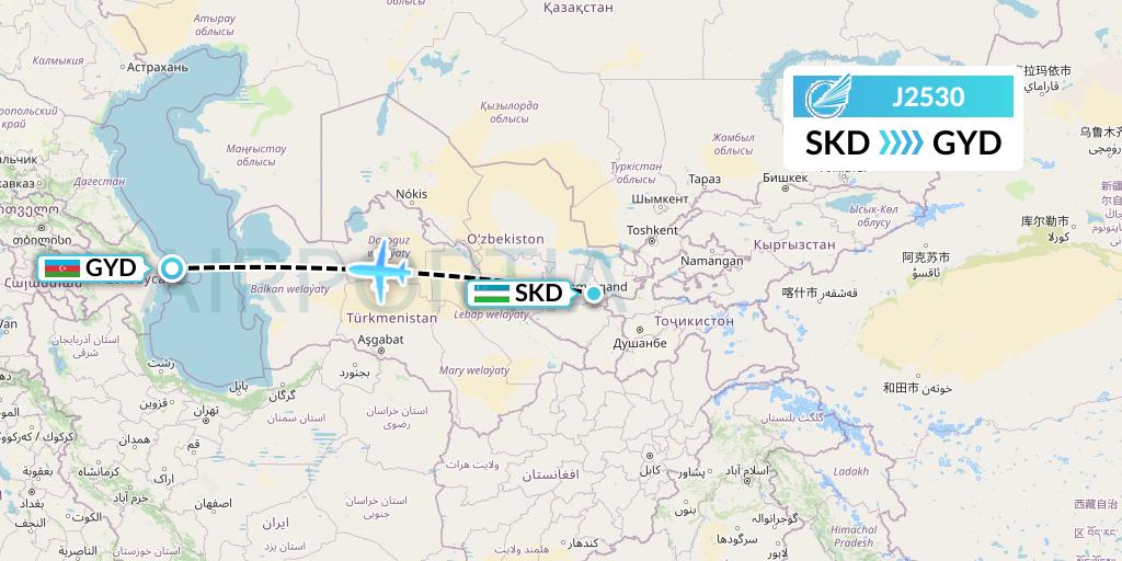 J2530 Azerbaijan Airlines Flight Map: Samarkand to Baku