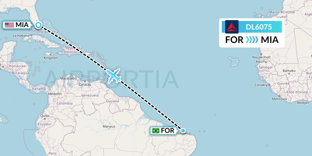 DL6075 Delta Air Lines Flight Map: Fortaleza to Miami