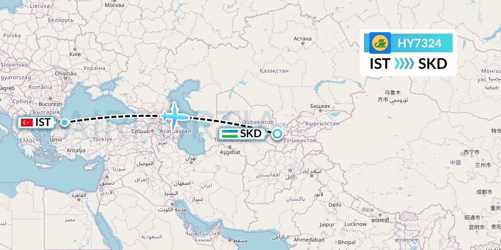HY7324 Uzbekistan Airways Flight Map: Istanbul to Samarkand