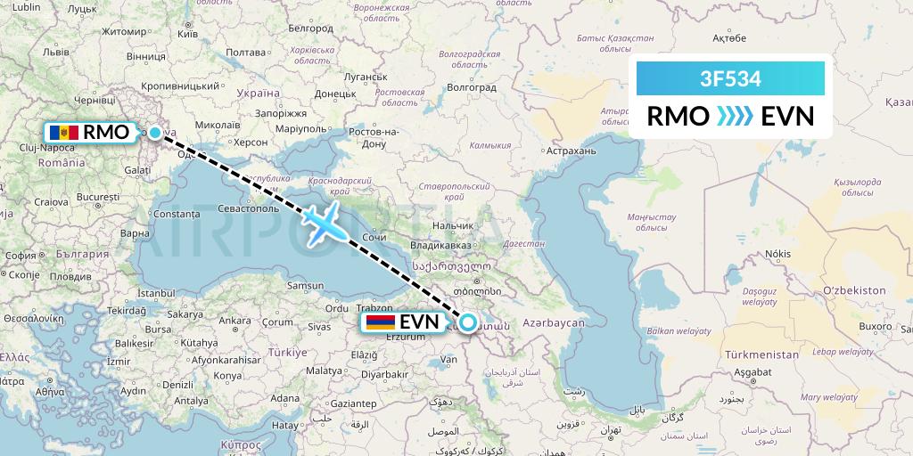 3F534 Flyone Armenia Flight Map: Chisinau to Yerevan