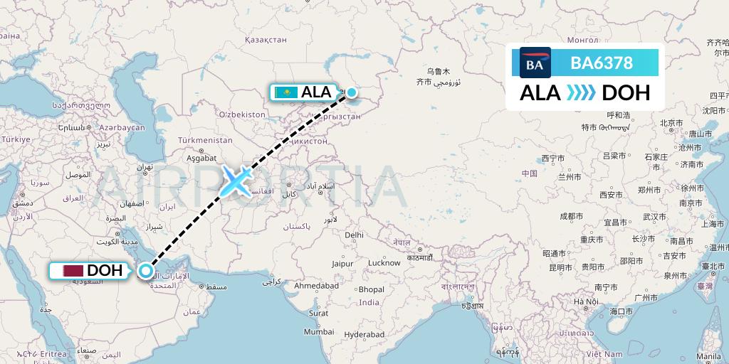 BA6378 British Airways Flight Map: Almaty to Doha