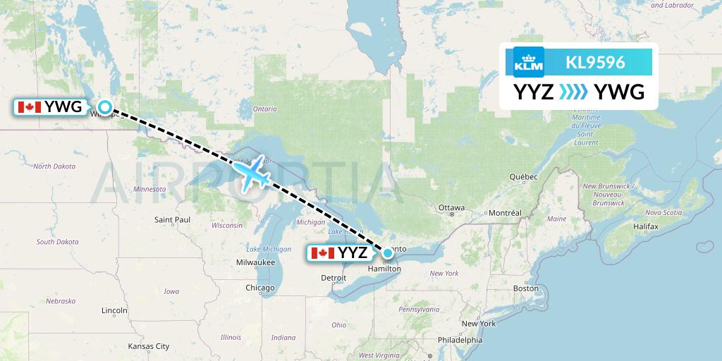 KL9596 KLM Flight Map: Toronto to Winnipeg