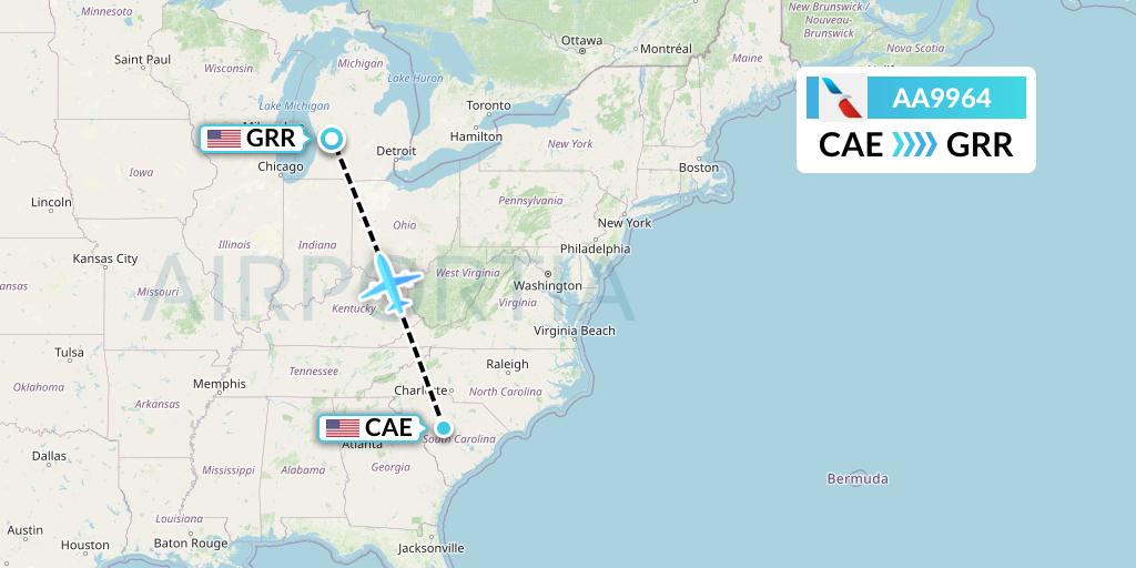 AA9964 American Airlines Flight Map: Columbia to Grand Rapids