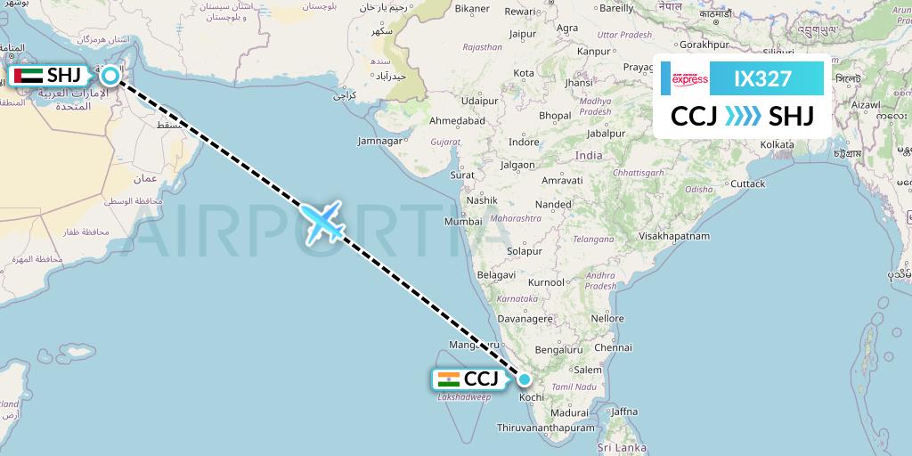 IX327 Air India Express Flight Map: Kozhikode to Sharjah