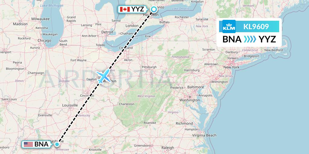 KL9609 KLM Flight Map: Nashville to Toronto
