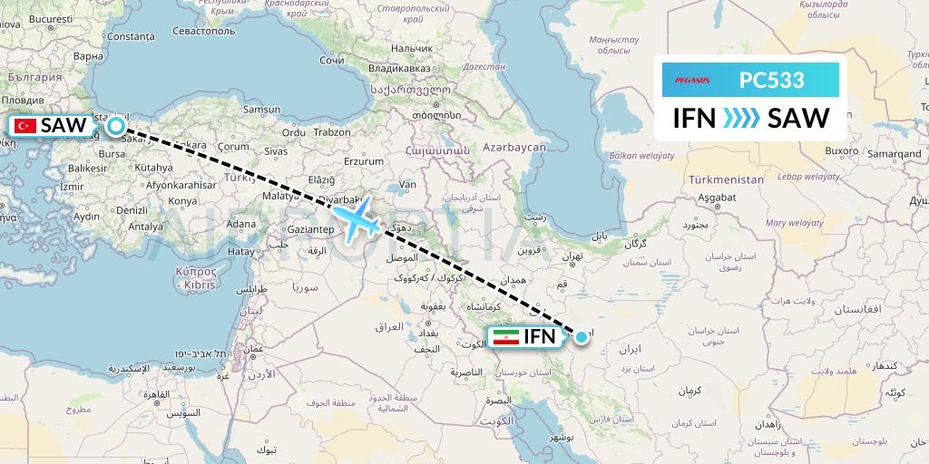 PC533 Pegasus Airlines Flight Map: Isfahan to Istanbul
