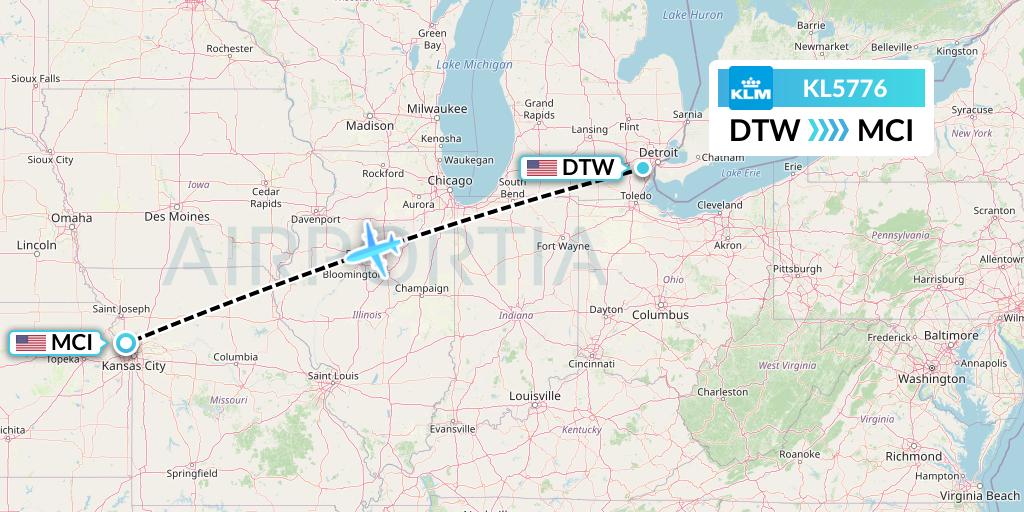 KL5776 KLM Flight Map: Detroit to Kansas City