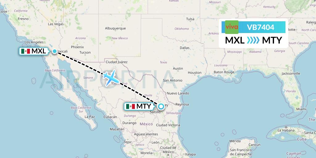 VB7404 VivaAerobus Flight Map: Mexicali to Monterrey