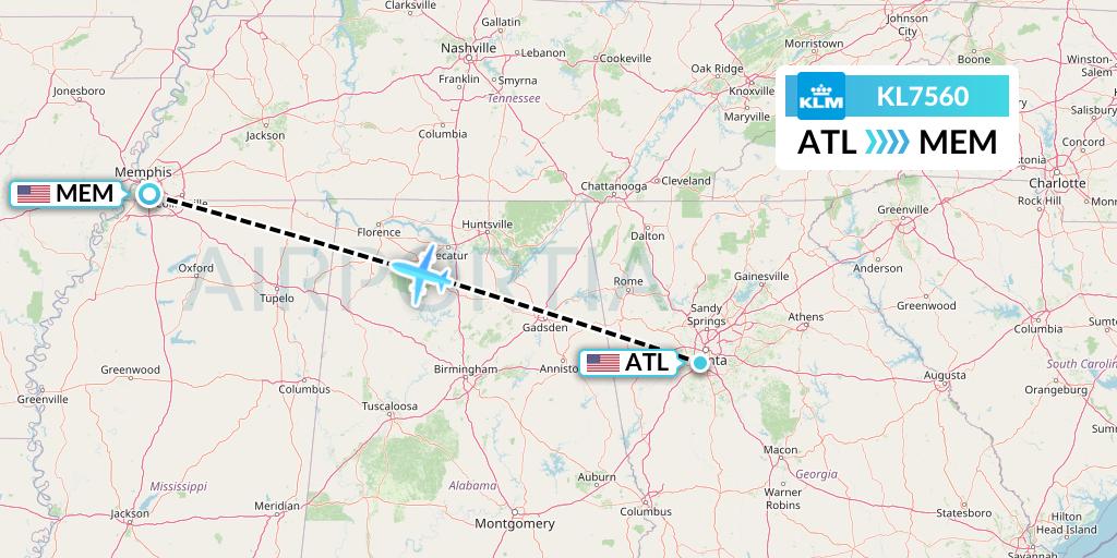 KL7560 KLM Flight Map: Atlanta to Memphis