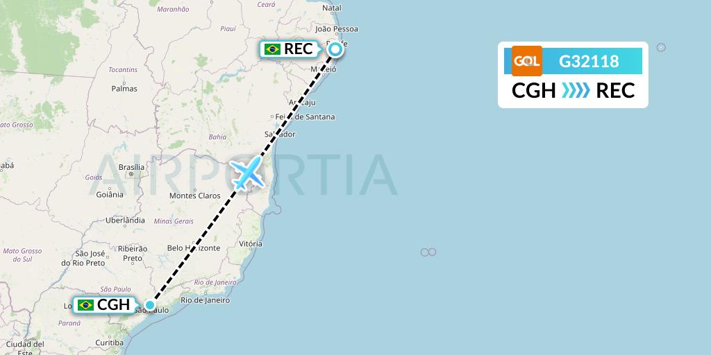 G32118 GOL Transportes Aeros Flight Map: Sao Paulo to Recife