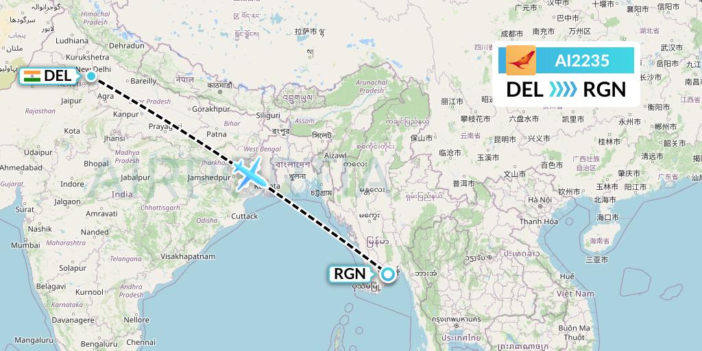 AI2235 Air India Flight Map: Delhi to Yangon