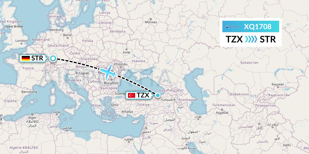 XQ1708 SunExpress Flight Map: Trabzon to Stuttgart