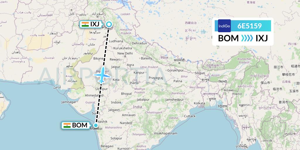 6E5159 IndiGo Airlines Flight Map: Mumbai to Jammu