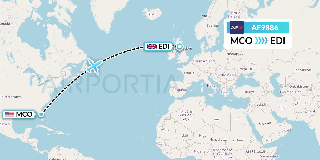 AF9886 Air France Flight Map: Orlando to Edinburgh