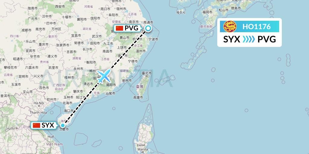 HO1176 Juneyao Airlines Flight Map: Sanya to Shanghai