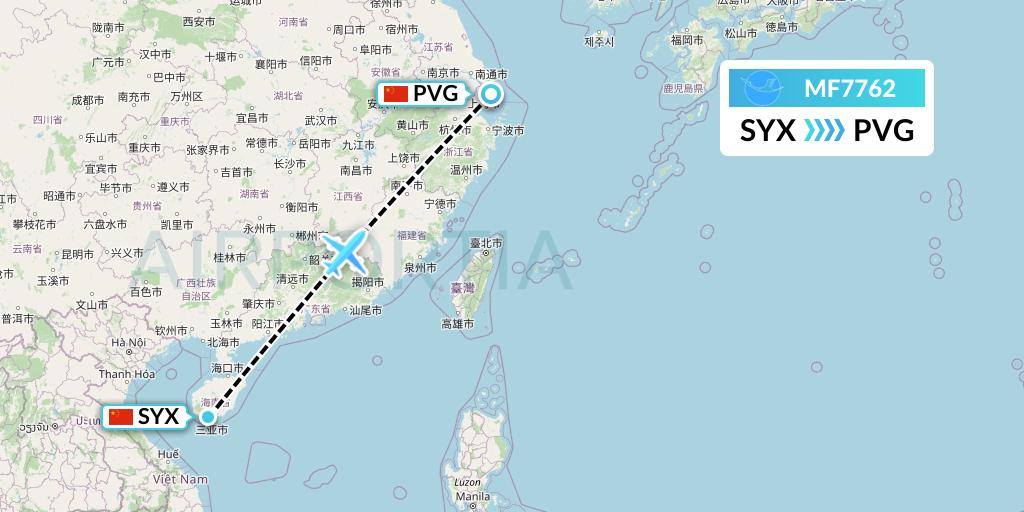 MF7762 Xiamen Airlines Flight Map: Sanya to Shanghai