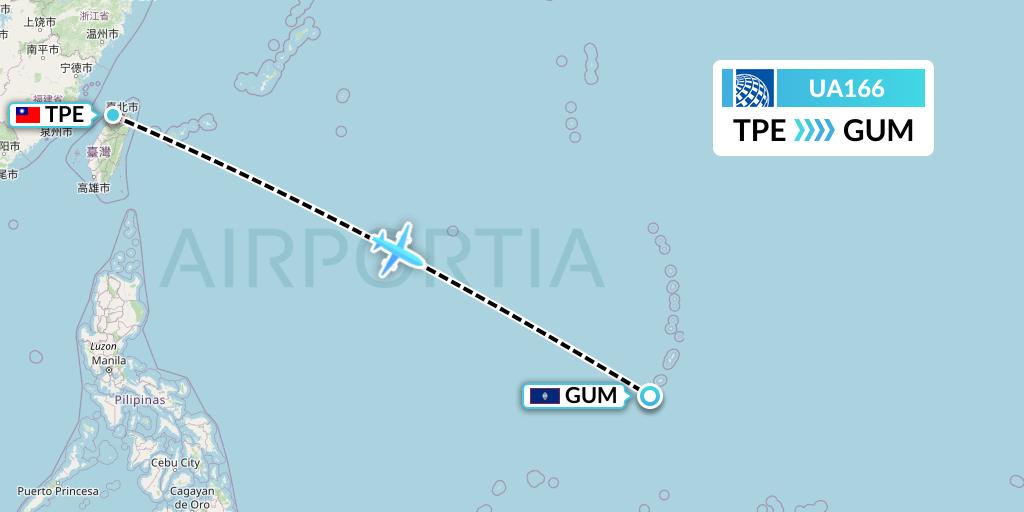 UA166 United Airlines Flight Map: Taipei to Guam