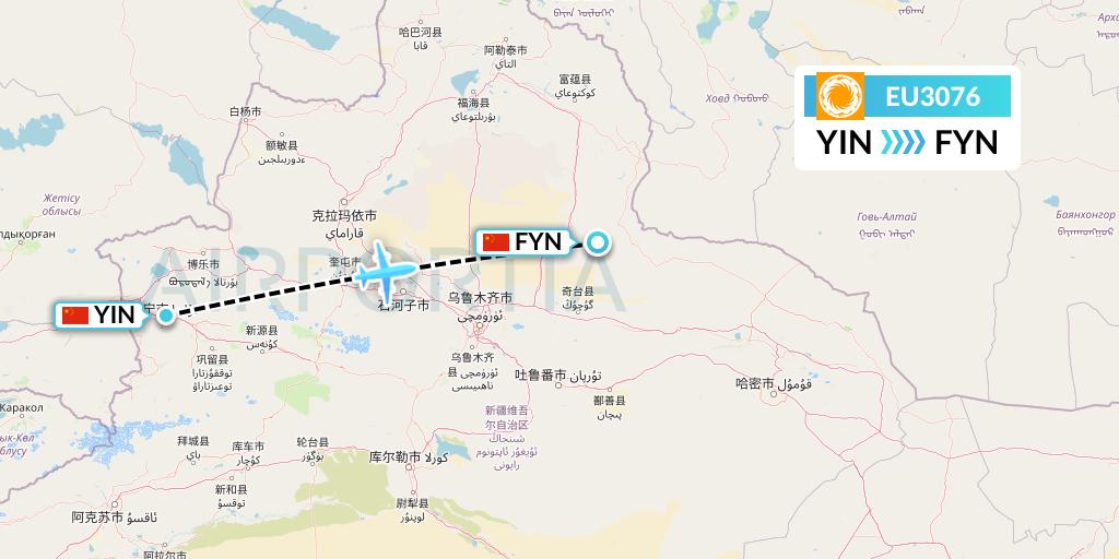 EU3076 Chengdu Airlines Flight Map: Yining to Fuyun