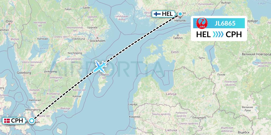 JL6865 Japan Airlines Flight Map: Helsinki to Copenhagen