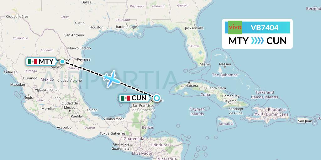 VB7404 VivaAerobus Flight Map: Monterrey to Cancun