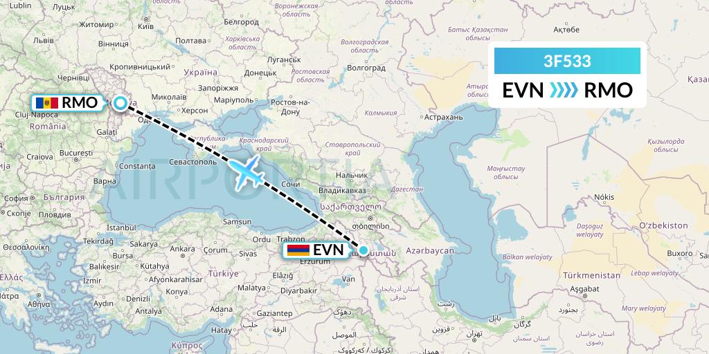 3F533 Flyone Armenia Flight Map: Yerevan to Chisinau