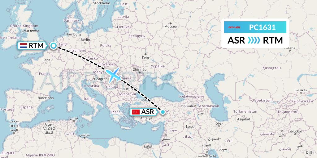 PC1631 Pegasus Airlines Flight Map: Kayseri to Rotterdam