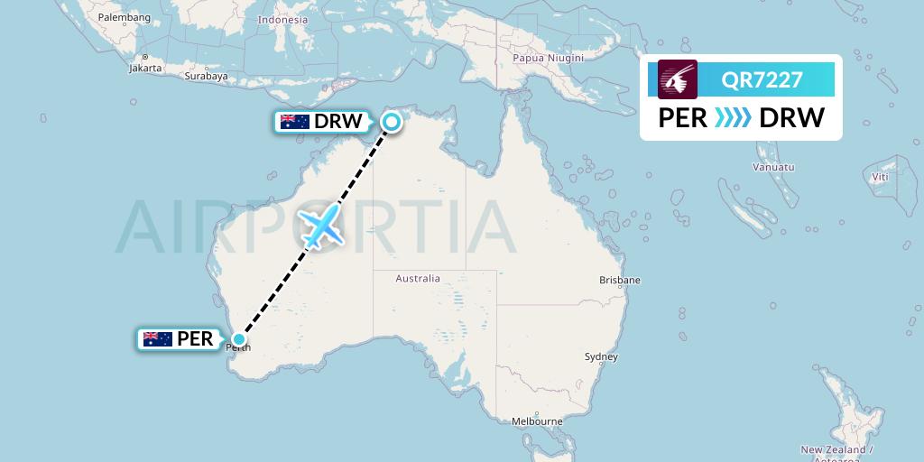QR7227 Qatar Airways Flight Map: Perth to Darwin