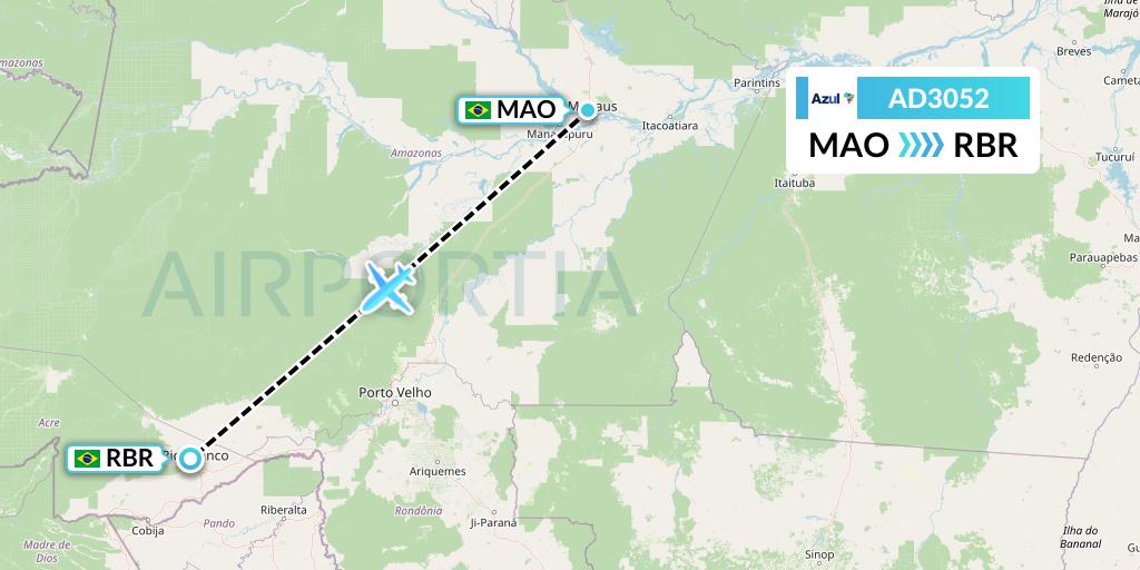 AD3052 Azul Brazilian Airlines Flight Map: Manaus to Rio Branco