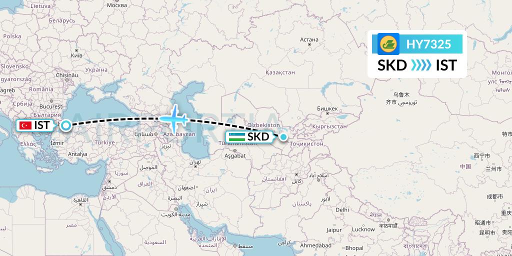 HY7325 Uzbekistan Airways Flight Map: Samarkand to Istanbul