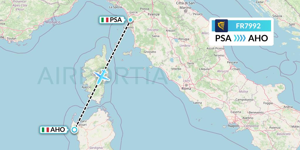 FR7992 Ryanair Flight Map: Pisa to Alghero