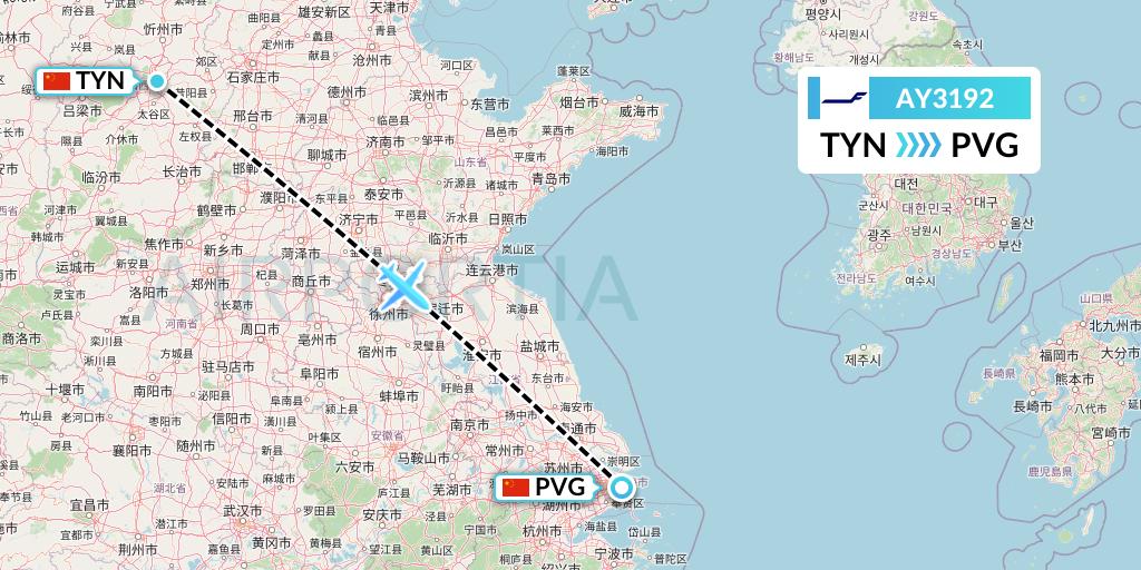 AY3192 Finnair Flight Map: Taiyuan to Shanghai