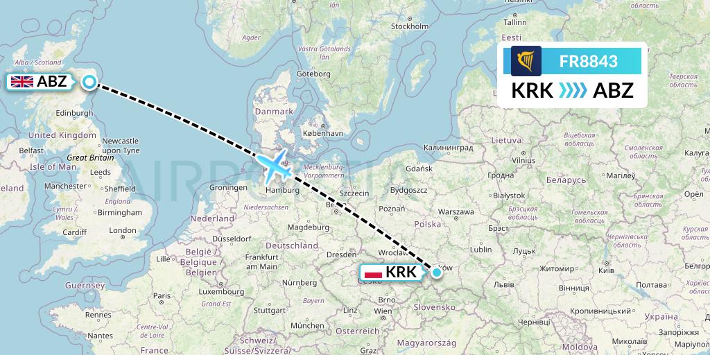 FR8843 Ryanair Flight Map: Krakow to Aberdeen