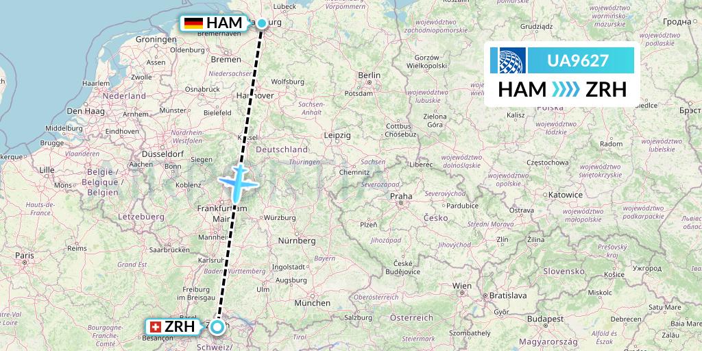 UA9627 United Airlines Flight Map: Hamburg to Zurich