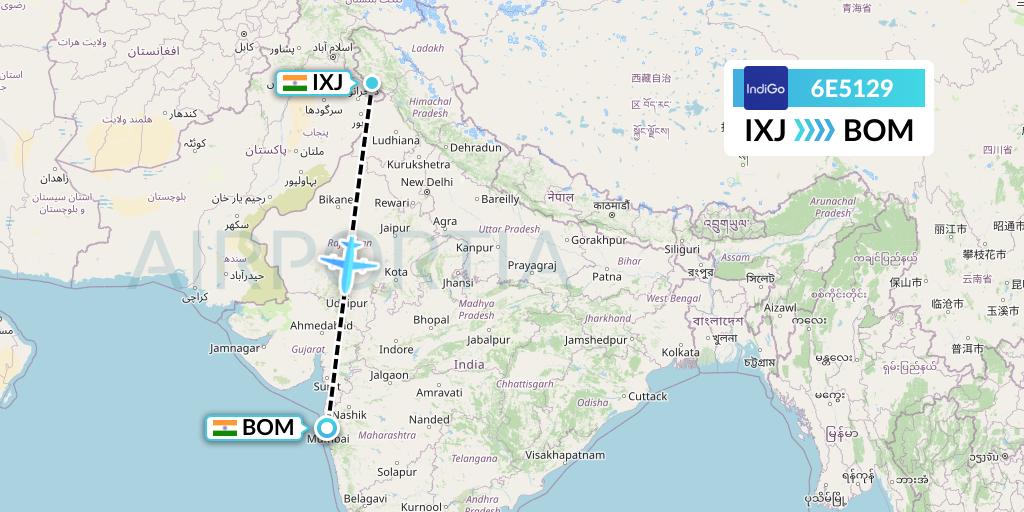 6E5129 IndiGo Airlines Flight Map: Jammu to Mumbai