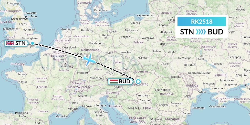 RK2518 Ryanair UK Flight Map: London to Budapest