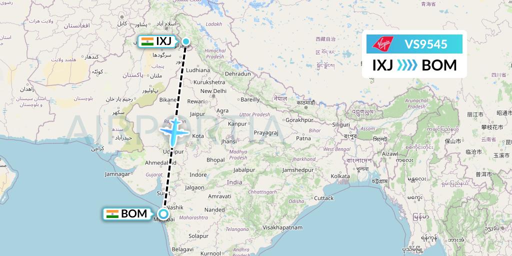 VS9545 Virgin Atlantic Airways Flight Map: Jammu to Mumbai