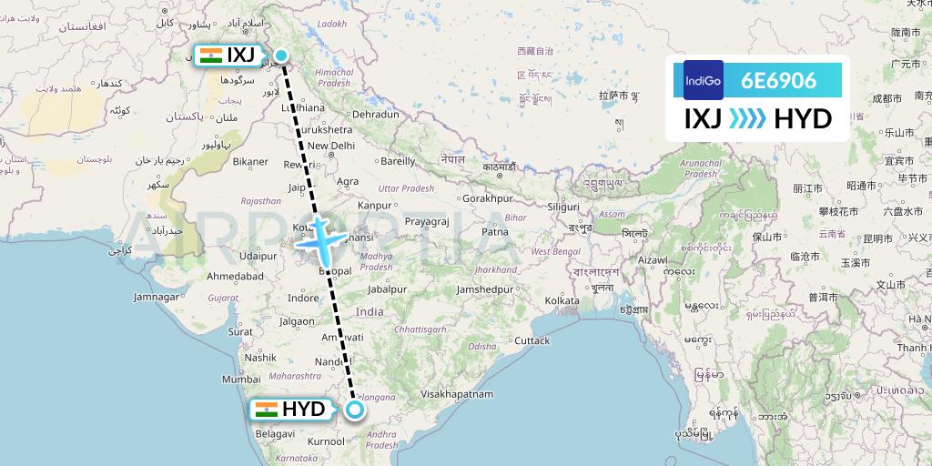 6E6906 IndiGo Airlines Flight Map: Jammu to Hyderabad